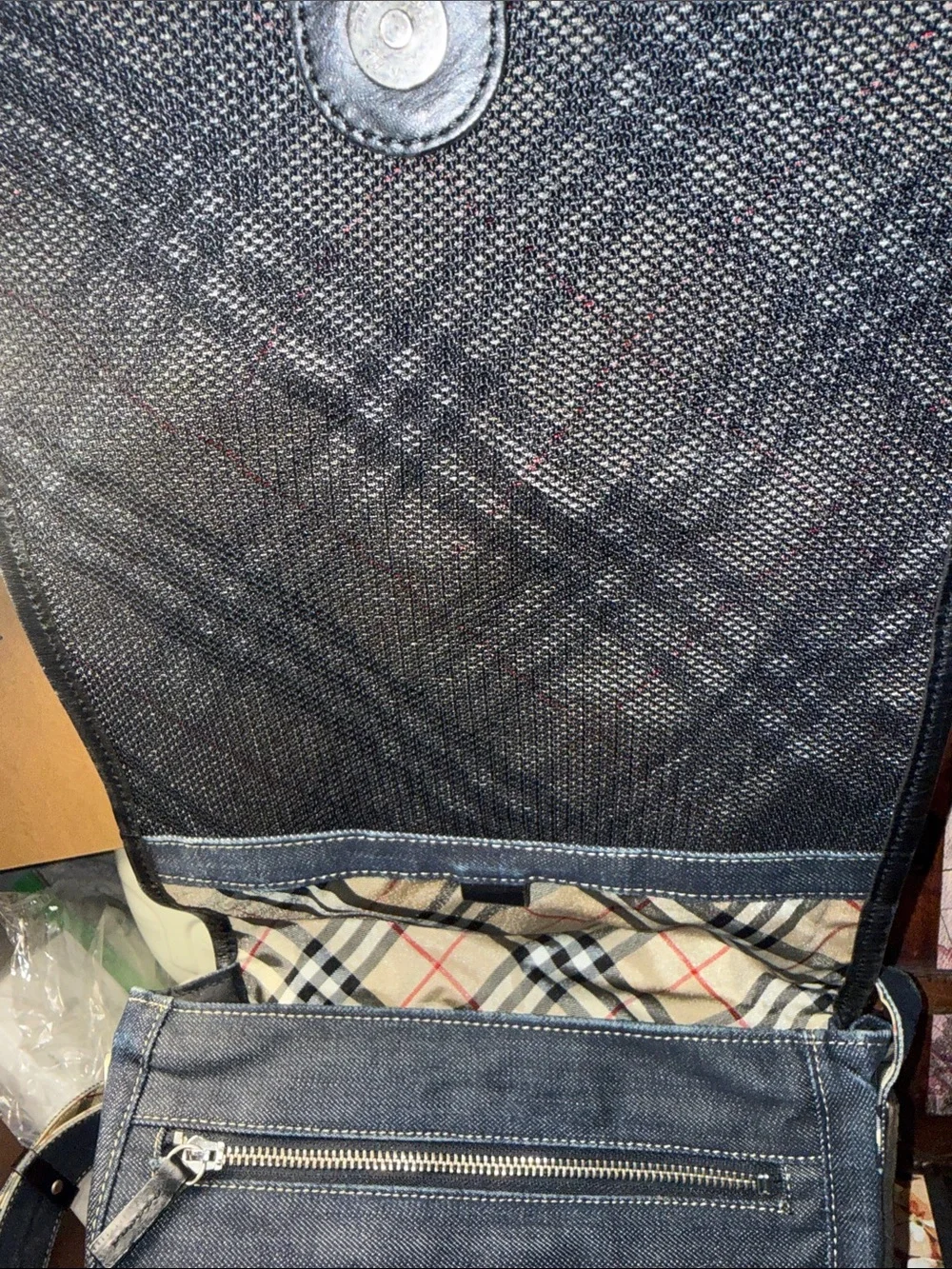 Burberry Blue Denim Messenger Bag with Beige Check Strap